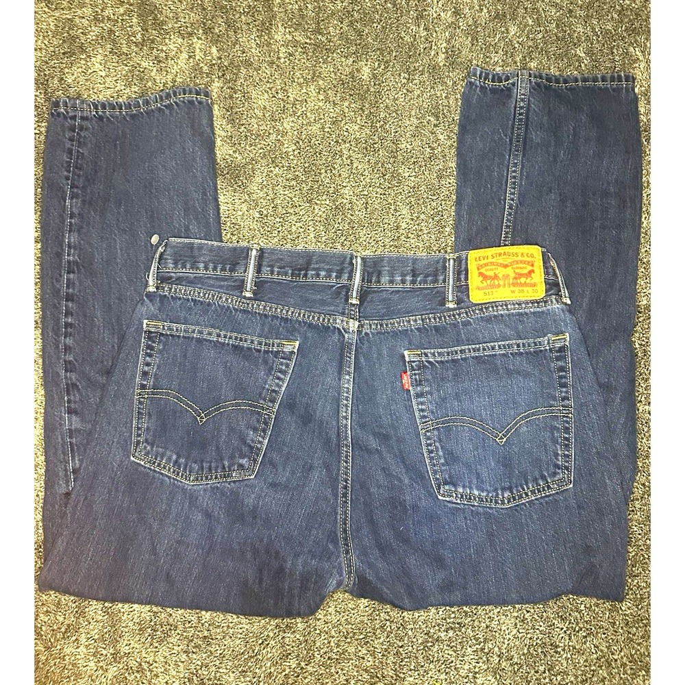 Levis 513 Mens Jeans 38x30 Slim Straight Dark Wash Blue Denim Pants 36x28.5